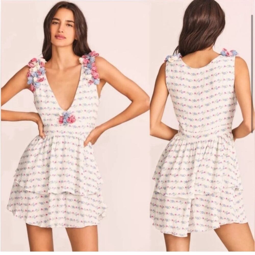 NWT LoveShackFancy White Blue Pink Floral Applique Mini Dress 0